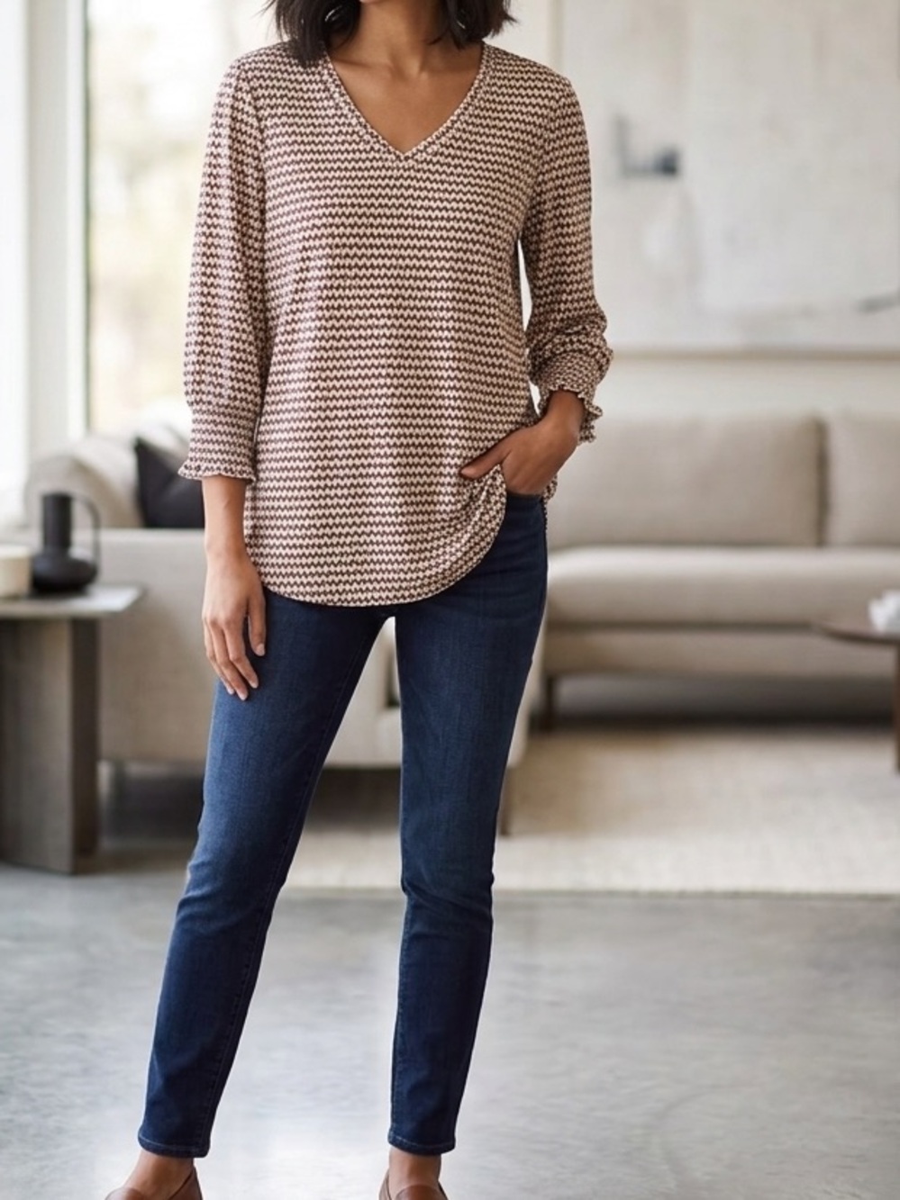 💥 $10 DEAL! 💥 Sampeel Geometric Print V-Neck Blouse Smocked 3/4 Sleeve🧡